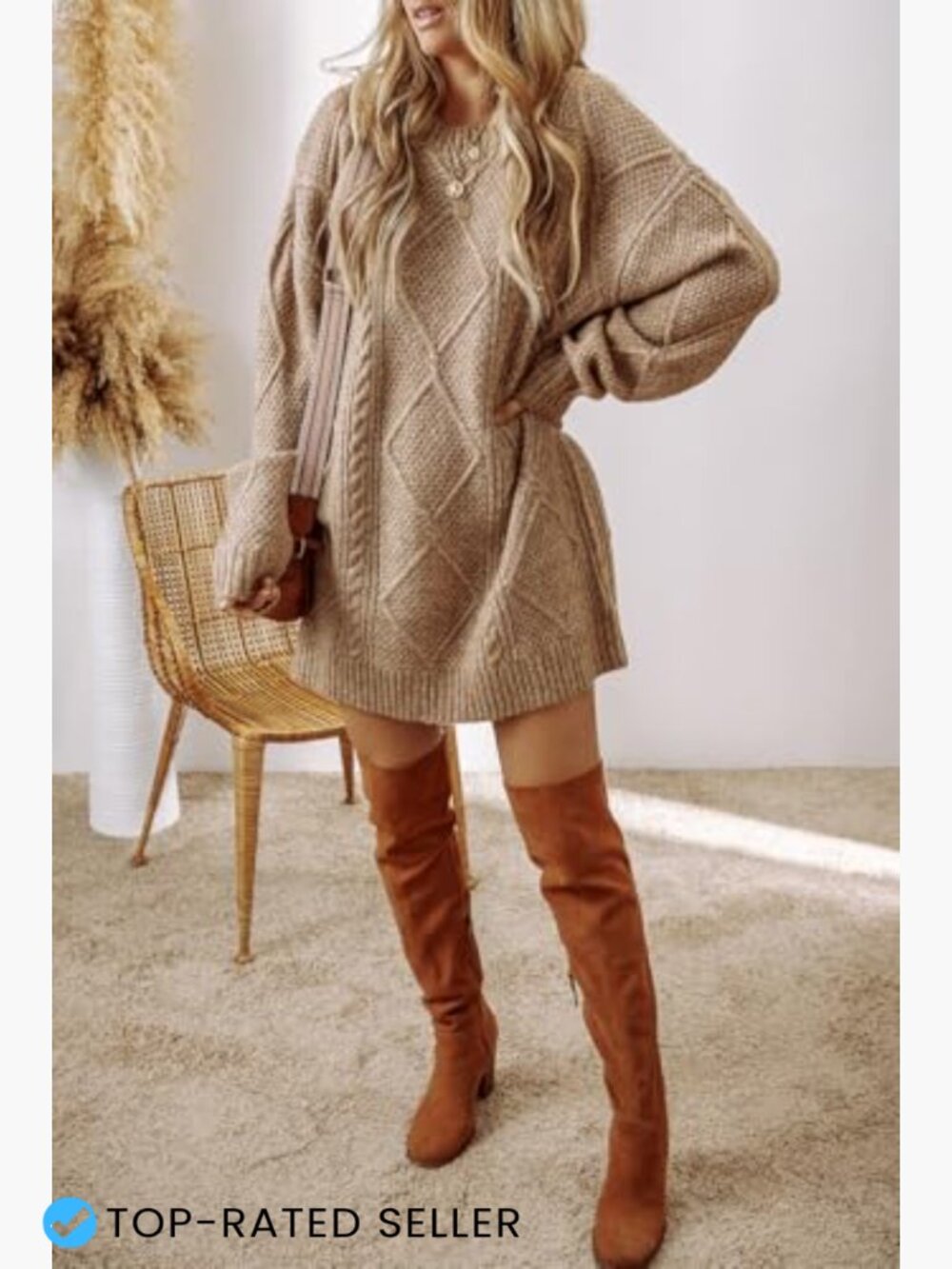 Cable Knit Sweater Dress Drop Shoulder Loose Fit Casual Pullover - Picture 3 of 7